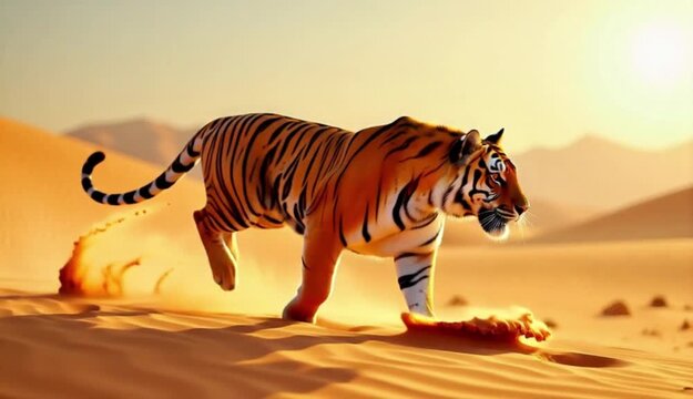 Majestic tiger running through desert landscape with sand dunes and mountains in background