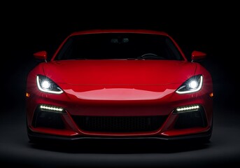 Front view of a red sports car with headlights on