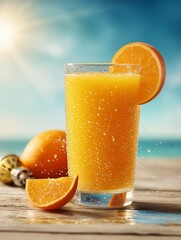 Freshly squeezed orange juice in a glass with pulp and orange slice, whole fruit and citrus squeezer on wooden table, water droplets on glass, bright sunlight, vibrant healthy drink