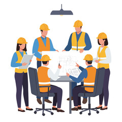 Professionals in hard hats and safety vests are collaborating on a construction or engineering project, reviewing blueprints and discussing strategic plans.