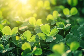 Close-up of vibrant clover leaves in sunlight