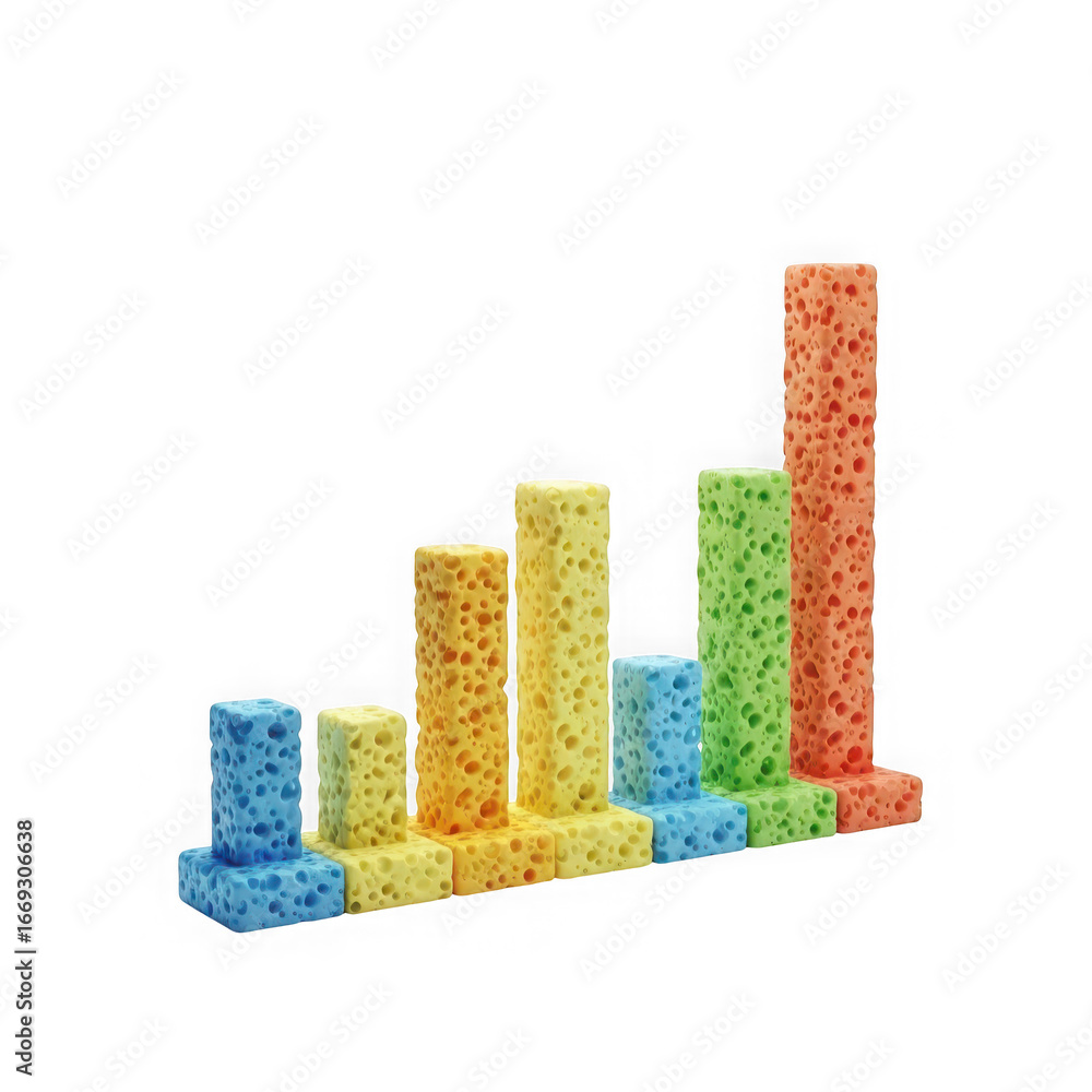 Poster 3d icon of colorful sponges arranged in a bar graph formation isolated on transparent background