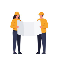 Professional architects in safety helmets meticulously review detailed building blueprints, collaborating on an important construction project with focused determination.