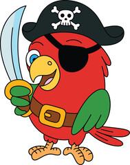 Cartoon pirate parrot character, red bird, green wings, black hat, eye patch, sword, cheerful expression, vector illustration, playful, animated, tropical, funny, stylized, quirky,