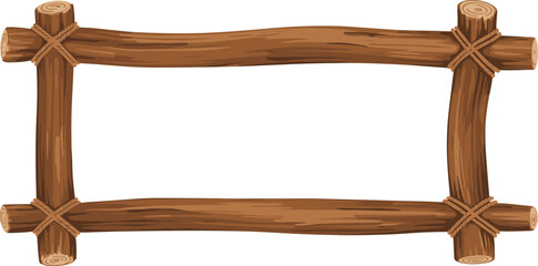 Cartoon wooden frame illustration, rustic log design, rope corners, natural texture, vector border, decorative signage, handcrafted style, cute, stylized, isolated, brown, organic,