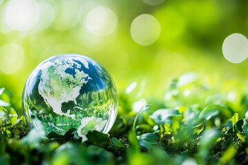Crystal globe Earth rests on vibrant green foliage, sunlit bokeh background