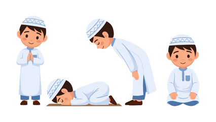 Flat illustration of Little Boy Demonstrating Islamic Prayer Rituals A Charming Vector Illustration