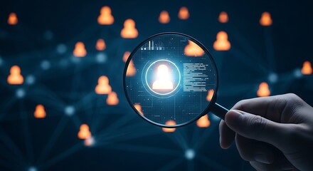 Human resources concept exploring data and analytics using a magnifying glass and glowing figures.