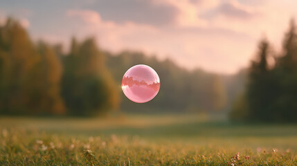 delicate soap bubble floating gracefully in air surrounded by softly blurred green background
