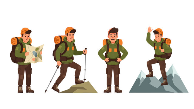 Flat illustration of hikers in various dynamic poses ready for outdoor adventure and mountain exploration