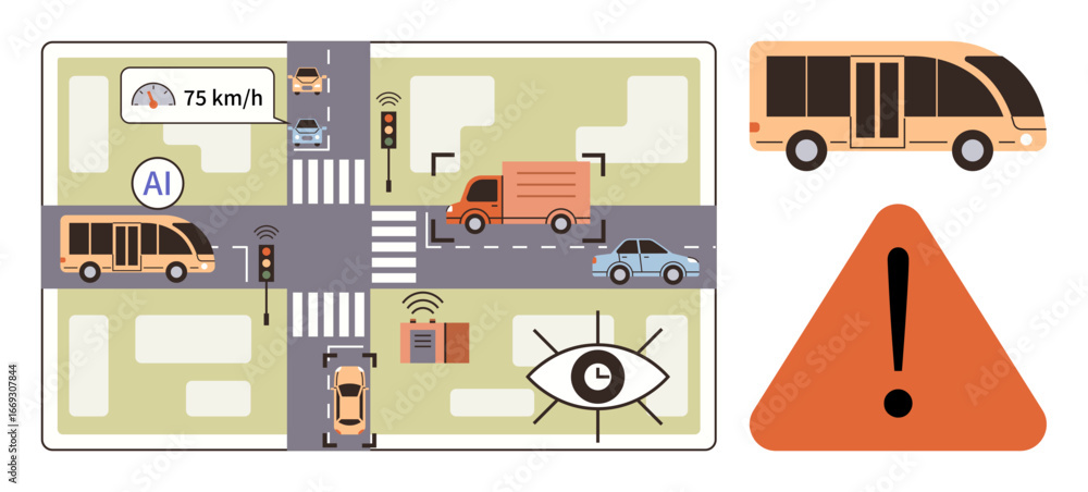 Poster autonomous vehicles with ai managing traffic at an urban intersection. visible elements include buse