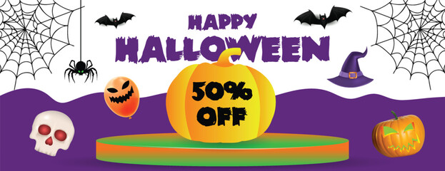 Halloween Sale Event Horizontal Banner Template with 3D Podium, Text on Pumpkin Illustration, Spooky Background, Discount Offer Advertisement for Website Header, Web Cover, and Social Media Ads