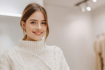 modern clothing store featuring virtual fitting room with person wearing cozy sweater smiling warmly