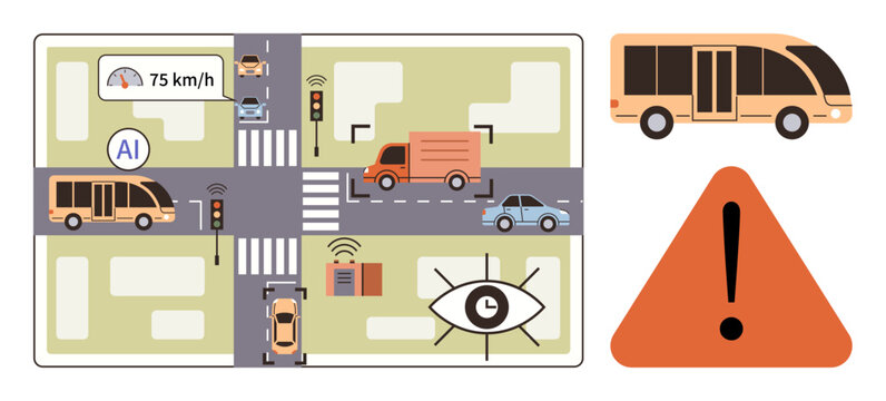 Autonomous vehicles with AI managing traffic at an urban intersection. Visible elements include buses, cars, trucks, sensors, speed indicator, eye symbol, and warning icon. Ideal for mobility
