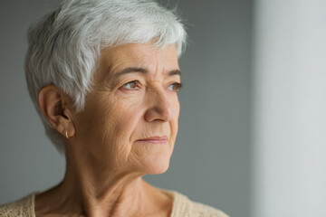 elderly woman gazes down with look of sadness on clean solid background her features soft yet expressive
