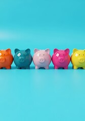 Obraz premium Colorful piggy banks lined up against bright blue background representing savings and finances