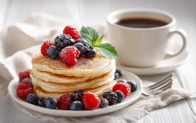 A stack of golden pancakes topped with a medley of fresh berries, including raspberries, blueberries, and blackberries, sits on a plate, accompanied by a steaming cup of black coffee.