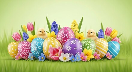 Easter Eggs and Chicks in Green Grass with Colorful Flowers