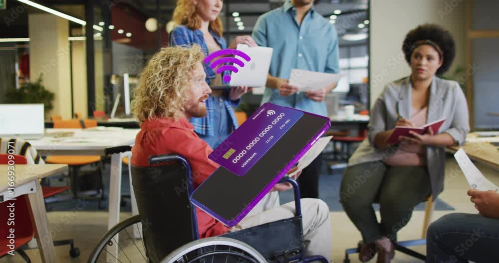 Poster wheelchair user reading docs for tech meeting with smartphone card wifi icons showing payment