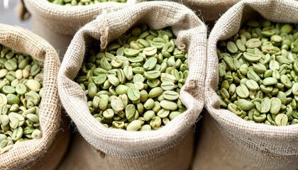 Green coffee beans (unroasted) in burlap sack, macro detail texture