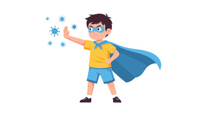 Flat illustration of Superhero Boy Defeating Viruses  A Child's Fight Against Germs