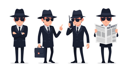 A set of cartoon secret agents in black suits, hats, and sunglasses, engaged in espionage activities