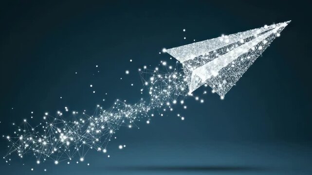 A polygonal paper airplane soars through a network of connected points, evoking a sense of forward momentum and digital connectivity.