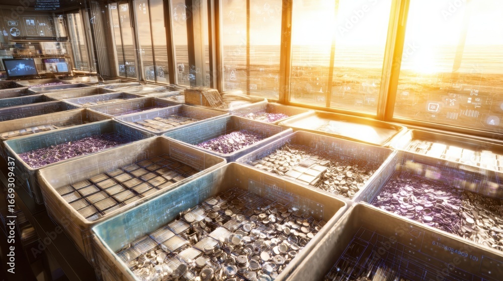 Aufkleber a collection of cleaned and sorted battery separators neatly arranged in labeled bins ready for refu