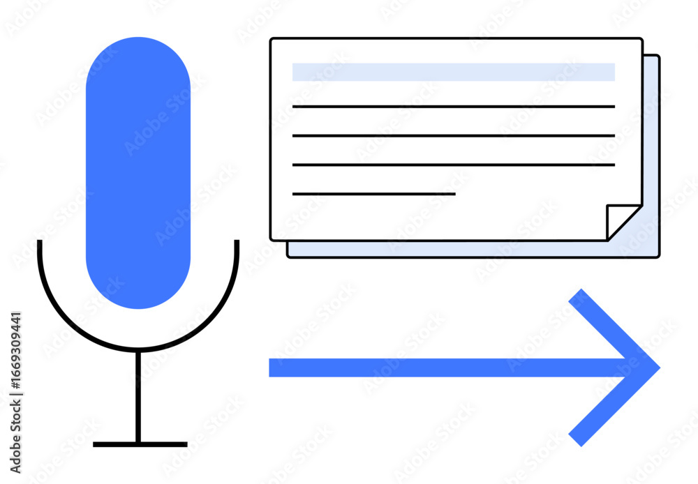 Poster blue microphone, text document, and arrow representing voice-to-text conversion or audio input trans