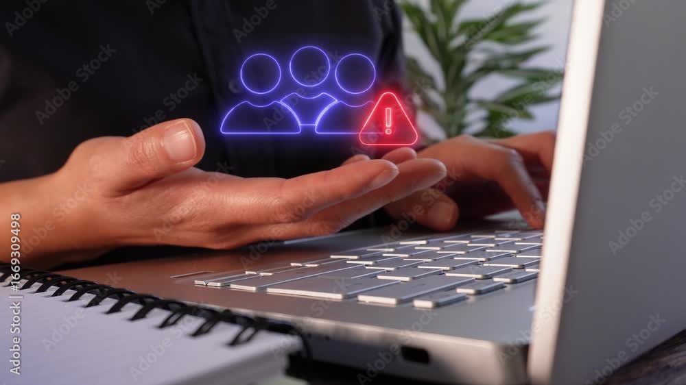Poster warning sign in a community. a businessman working in front of an office computer while holding a vi