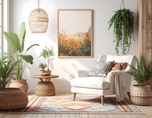 Cozy living room with armchair and vibrant indoor plants, bathed in warm light