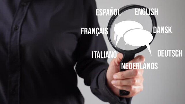 Instant translation concept. A businessman holding a magnifying glass over an animated speech bubble with multiple languages ​​around it.