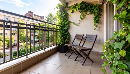 Naklejka premium small balcony with folding chairs and green vines
