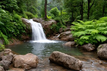 Waterfall cascading into pond surrounded by lush vegetation