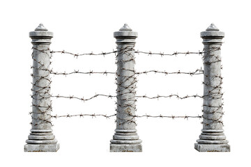 Three weathered concrete pillars with rusty barbed wire on transparent background, PNG