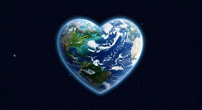 The earth depicted as a glowing heart shape floating in the vastness of space, representing love for our planet and the need for global environmental protection