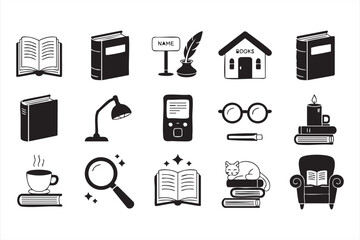 Library and reading vector icons set, black and white illustrations of books, e-reader, glasses, coffee, lamp, armchair, writing quill, and study symbols for education and literature design