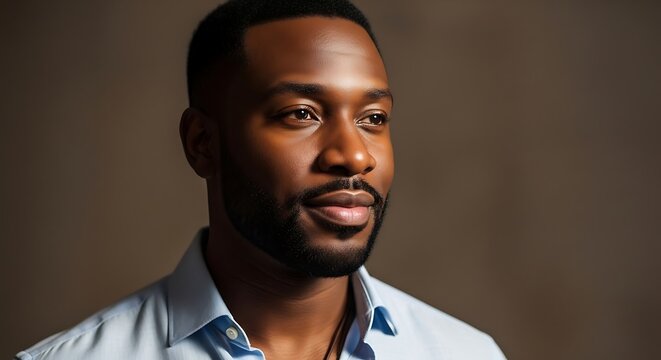 Man Looking Away Portrait Close Up with Subtle Smile - Powered by Adobe