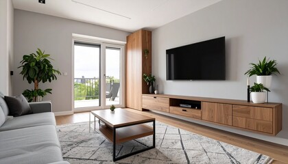 Fototapeta premium family room with TV on the wall and low wooden cabinet