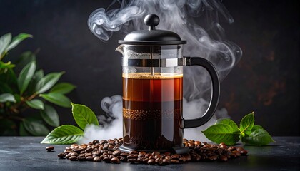 Transparent French press with hot coffee inside