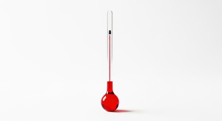 A red liquid thermometer isolated on a plain white background, showing a high temperature reading