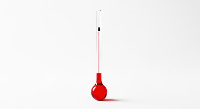 A red liquid thermometer isolated on a plain white background, showing a high temperature reading