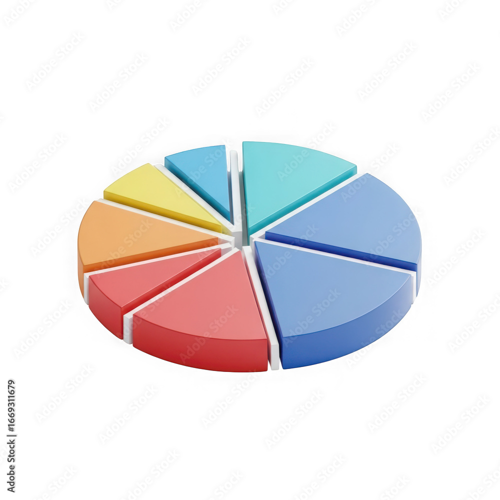 Poster 3d icon of colorful 3d pie chart with segments separated on a transparent background