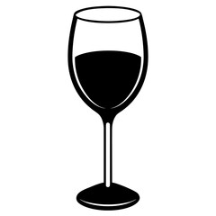 Simple black and white icon of a wine glass filled with red wine