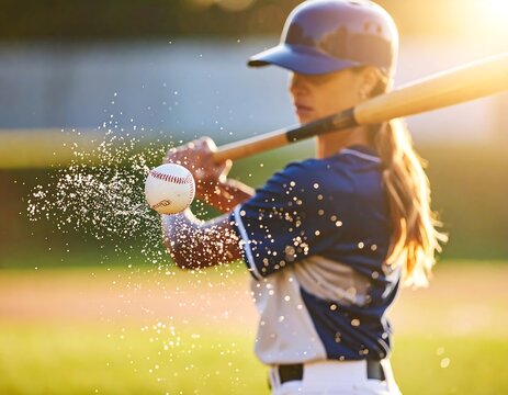 Female Baseball Player Hitting Ball Outdoors - Powered by Adobe