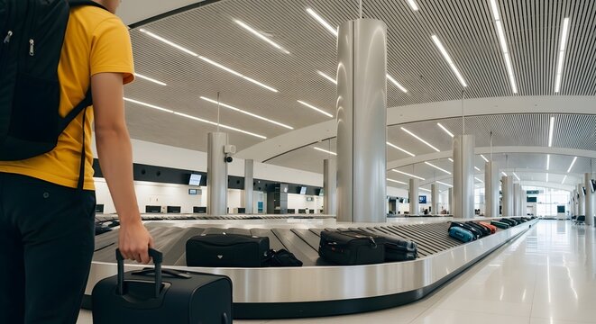 a person is pulling a suitcase in the baggage claim area at the airport