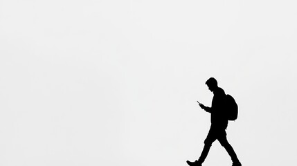Person walking outdoors looking at smartphone silhouette