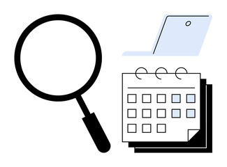 Magnifying glass, monthly calendar, and laptop suggest focus, organization, and digital research. Ideal for time management, planning, productivity, research technology scheduling education