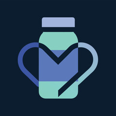 Illustration of a medical bottle or pill container with heartshaped handles, suggesting health and care, against a deep blue background