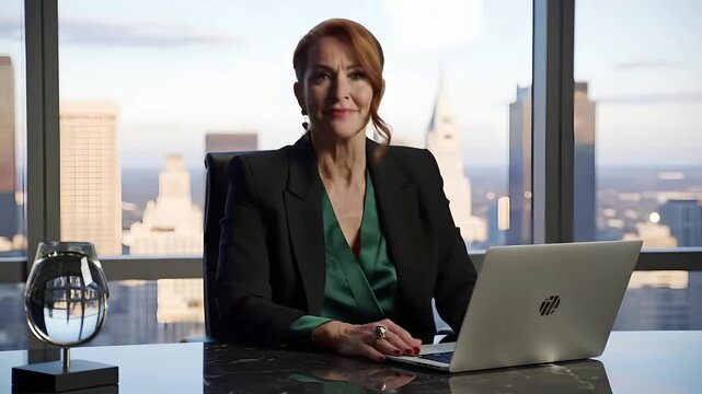 Executive types on HP laptop in office overlooking city. Diverse usage: Corporate communication, business presentation, marketing. Technology, finance, leadership themes.